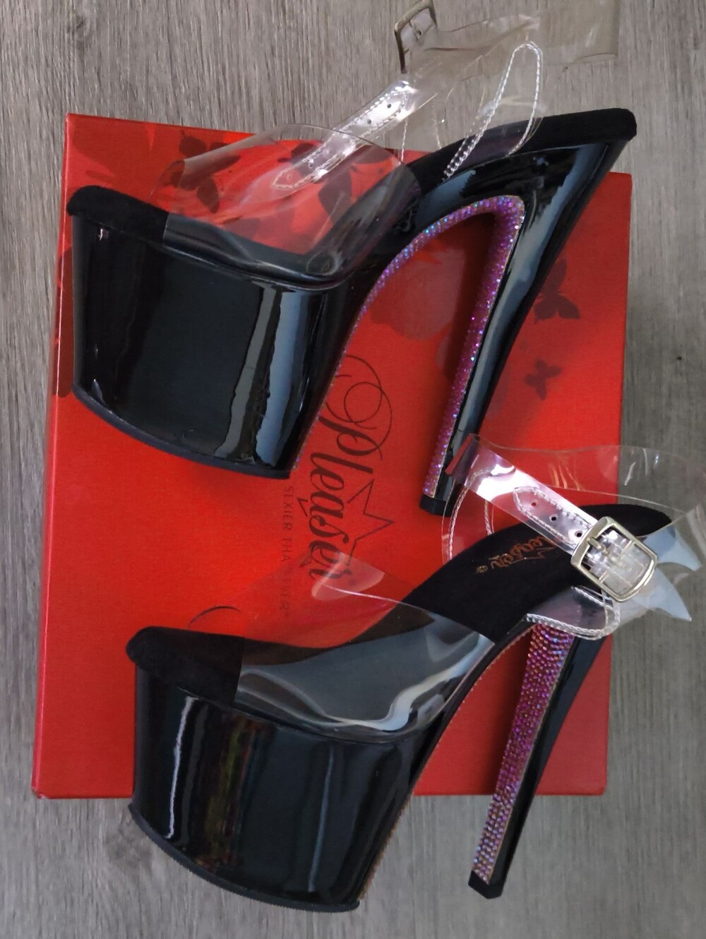 New In Box Pleaser Sky-308CRS Clear/Black-champagne Size 7 - Picture 9 of 14